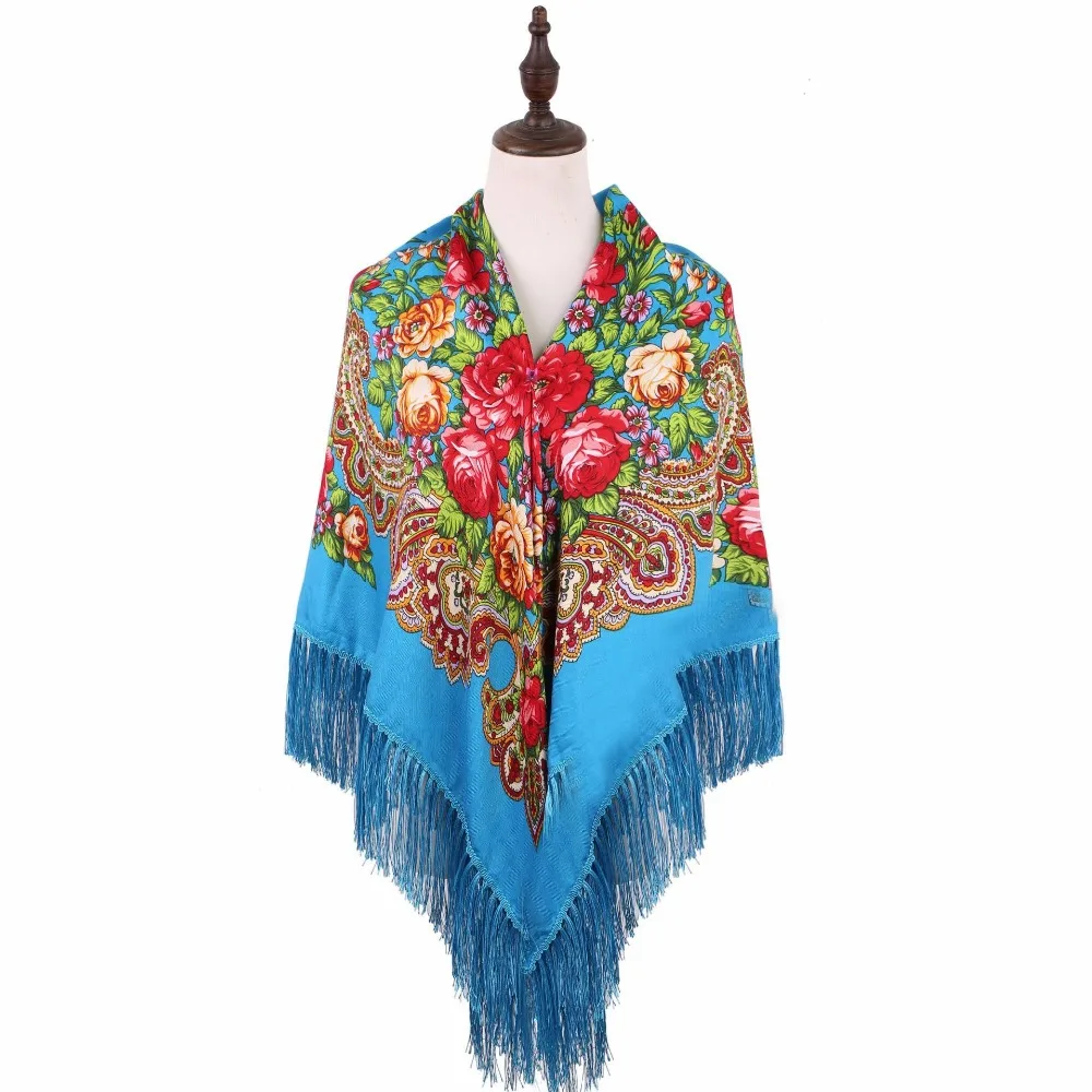 

Blue Women Printing Russia Style National Designs With Four Sides Tassel Large Square Shawl Scarf Oversize Wrap 135CM*135CM 03