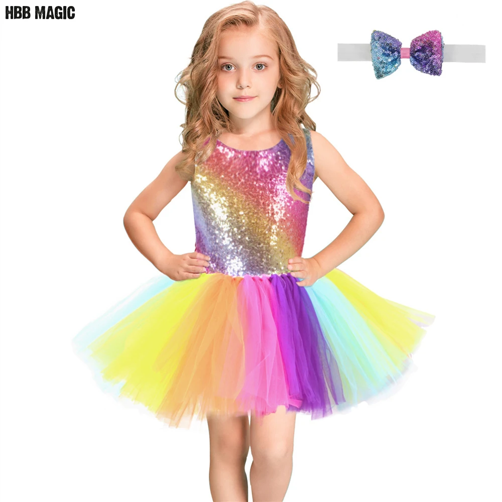 Baratos Arco Iris vestido de lentejuelas con tutú para niños moda sin espalda vestido sin mangas de tul Ropa para Niñas coloridos niños niña vestido de fiesta 2 8