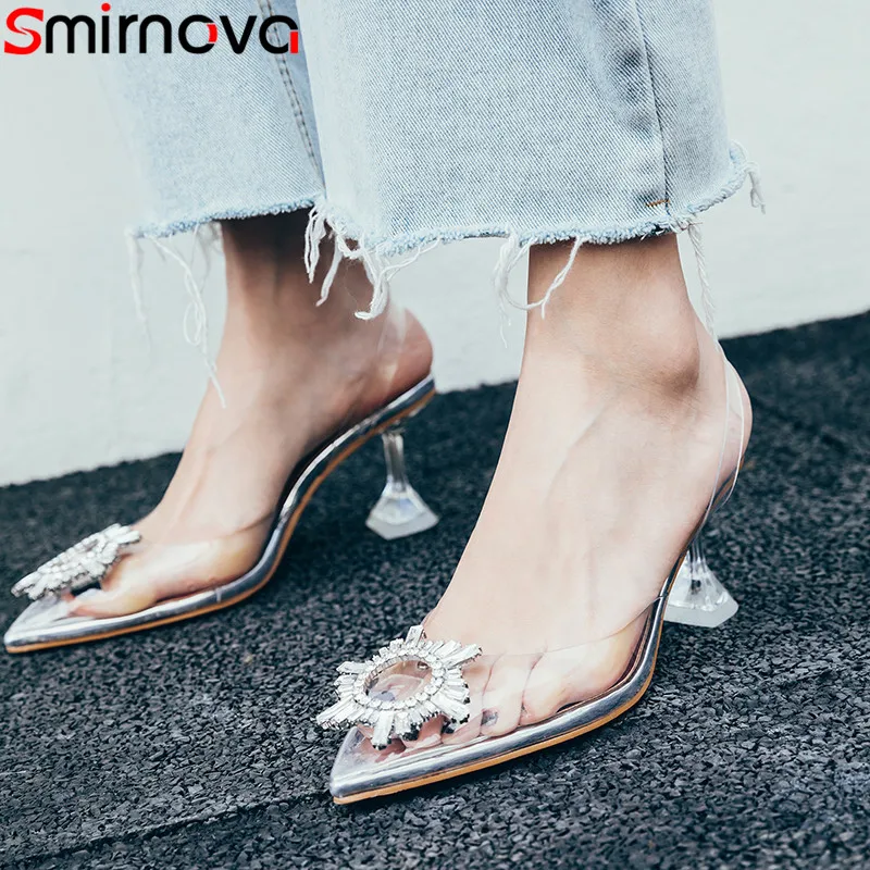 

Smirnova 2020 new summer sandals pointed toe shallow high heels shoes prom wedding shoes crystal PVC elegant women sandals