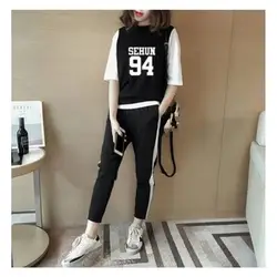 Новинка 2017 экзо baekhyun CHANYEOL женской одежды с коротким рукавом Футболка из двух Костюм из нескольких предметов брюки от «Harlan» Штаны костюм