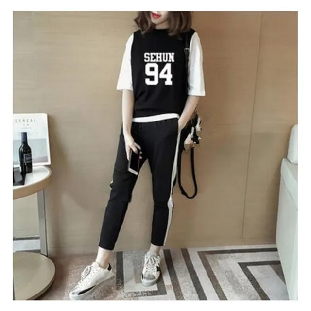 Special Price 2017 new kpop EXO BAEKHYUN CHANYEOL Female clothes Half sleeve t-shirt two-piece suit Harlan pants pants suit female