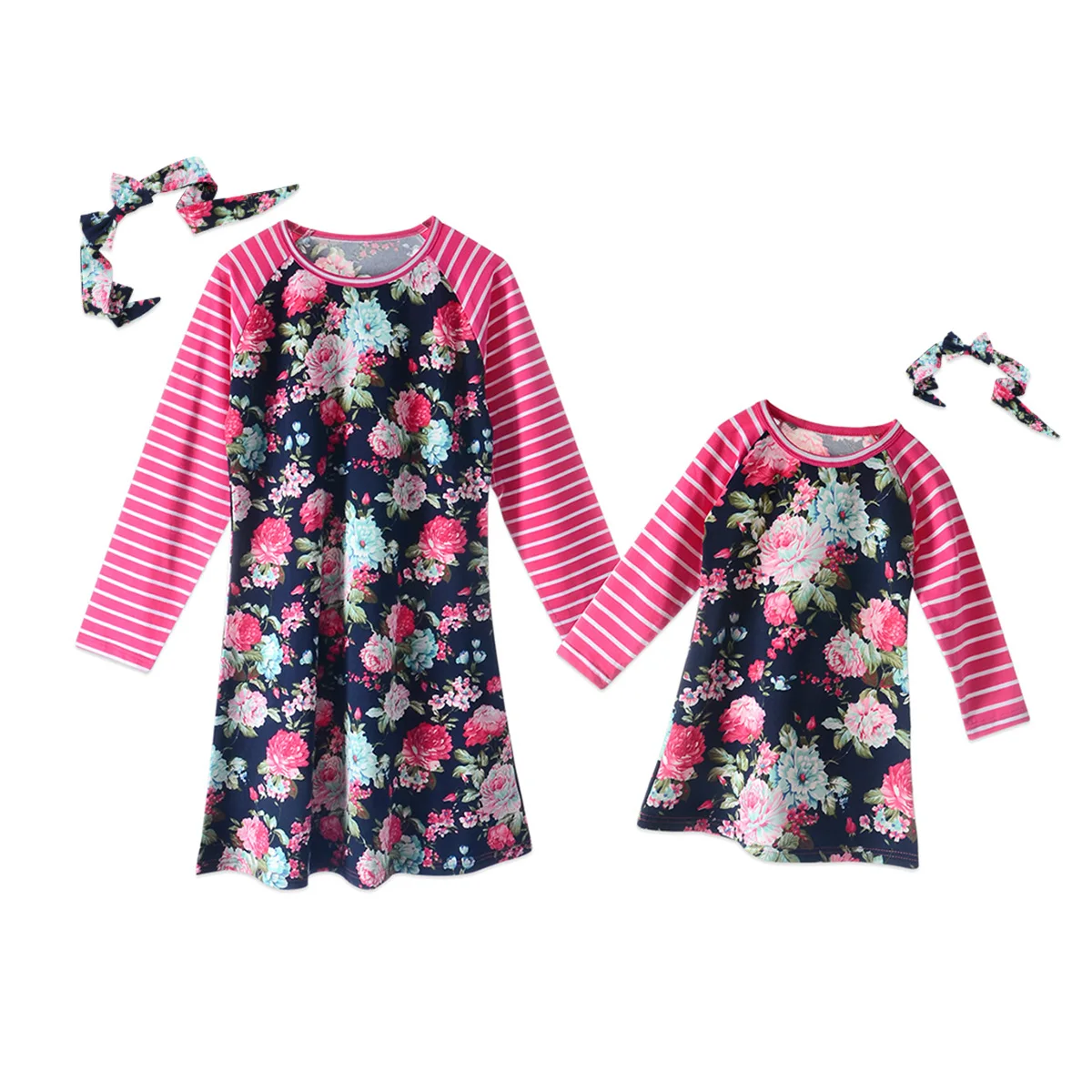 Women Kids Matching Clothes Baby Girls Dress Stripes Floral Lovely Cute