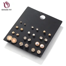 

12Pairs/pack White Crystal & Simulated Pearl Stud Earrings Set Women Small Rose Gold Color Ear Studs Vintage Accessories Jewelry