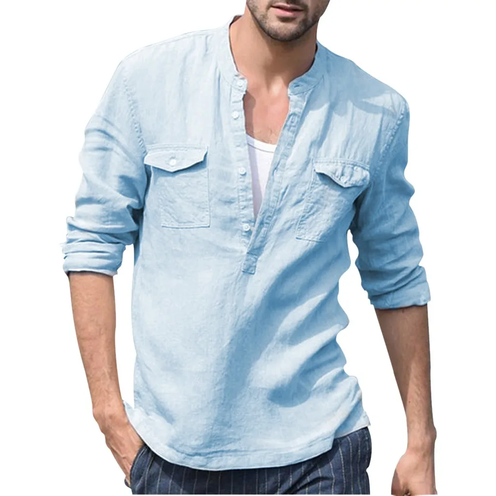 

Cotton Linen T Shirt Men Vantage Loose Pocket Long Sleeve Button Neck 3/4 Retro Shirt Summer 2019 Camisas Hombre Manga Larga ##