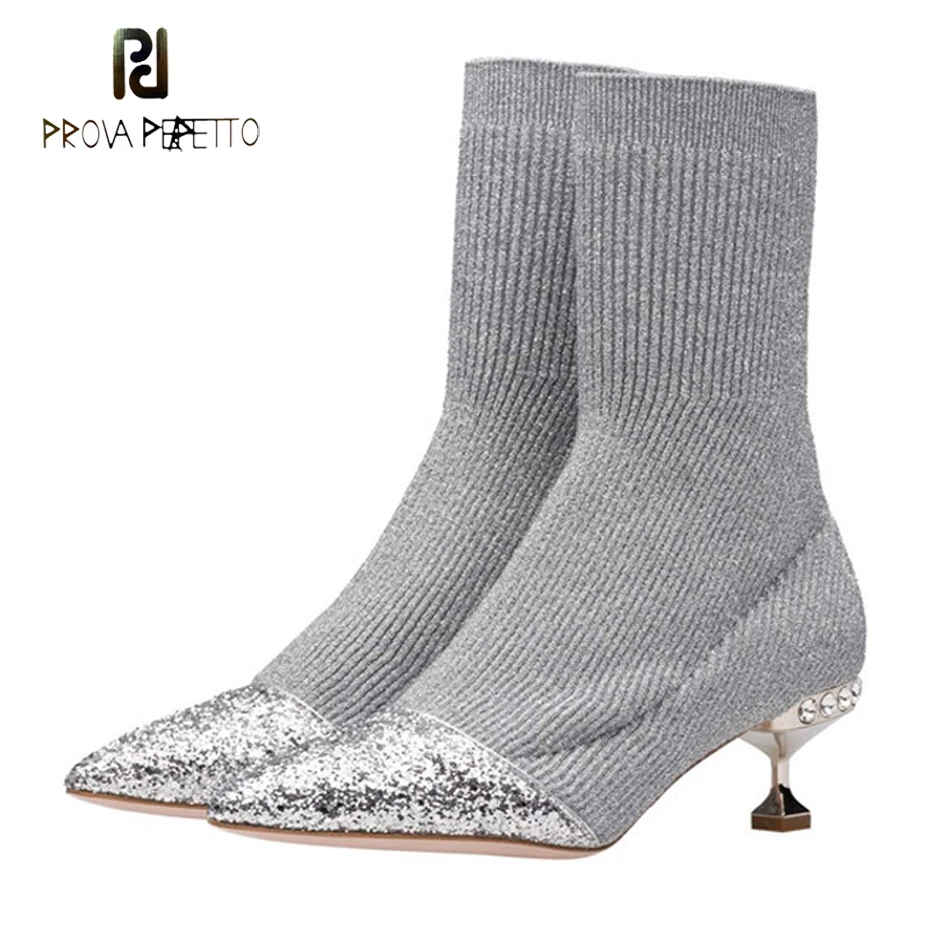 

Prova Perfetto 2018 hot women elatic sock boots bling glitter pointed toe kitten heel ankle boots crystal autumn fashion boots