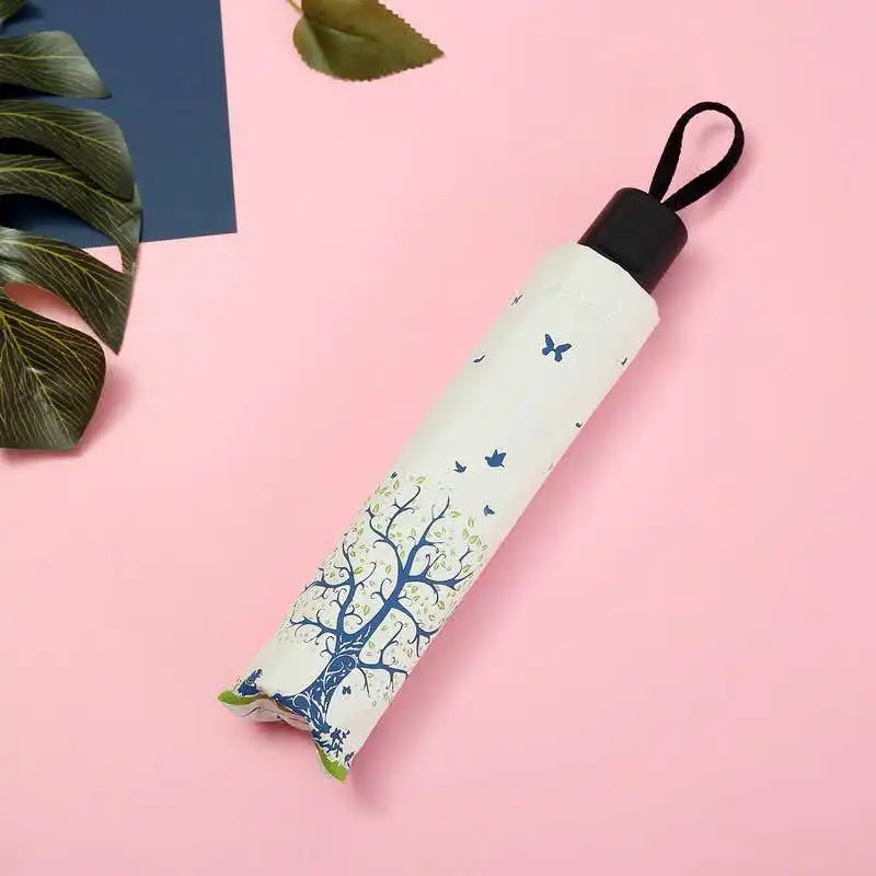 New Clear Umbrella Small Fresh Student Folding Lovers Under The Tree Blue Vinyl Sunscreen Fashion Mini Cute | Дом и сад