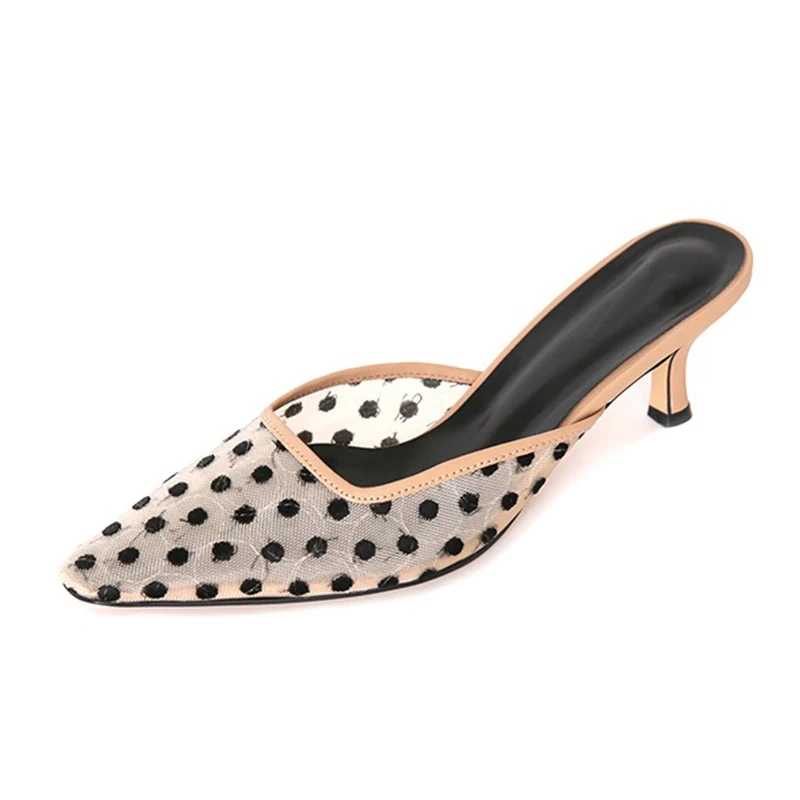 

2019 Spring Summer Slippers Women Transparency Mesh Shoes Women Hollow Out Pointed Toe Middle Heels Elegant Shoes Women
