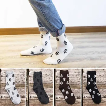 

Hot Fashion Spring Autumn Men Socks Dollar Symbol Printed Comfortable Breathable Absorb Sweat Anti-slip Man Middle Long Sock HD8