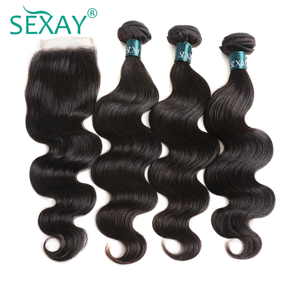 Sexay Pre-Colored Brazilian Human Hair 3 Bundles Pack With Closure Body Wave Unprocessed Brazilian Remy Hair With Closure brazilian-body-wave-hair-bundles