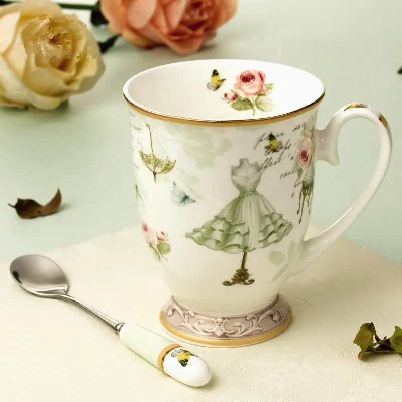 Creative 330ml Flower Green Dress Painting Creamic Milk Mug Coffee Cup Afternoon Tea Cup with Lids and Spoon Birthday Gift