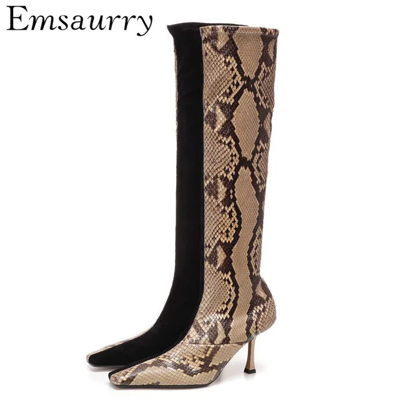

Fashion 2019 Knee High Boots Women Sexy Serpentine Suede Patchwork Side Zip Thin High Heels Square Toes Women Booties