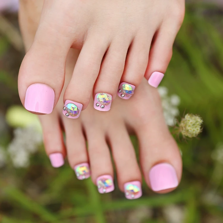 New Arrival 24pcs Reflective Rhinestone Pink False Toe Nails Short Aeproduct Getsubject