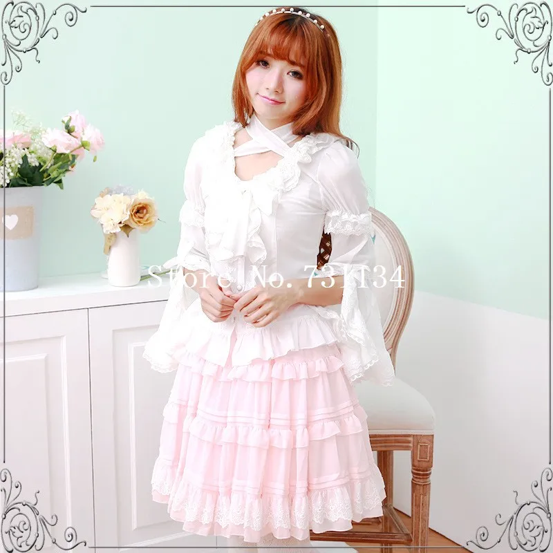 

Summer Fashion Ladies White Lace Lolita Blouse Panelled Long Flare Sleeve Slim Shirt For Women