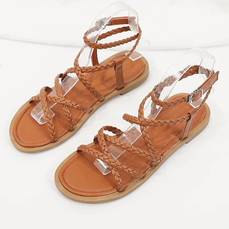 

Rope Sandals Women Sandals Flat Gladiator Sandals 2019 Summer Shoes Woman Ankle Strap Beach Slippers Black Brown sandales femme