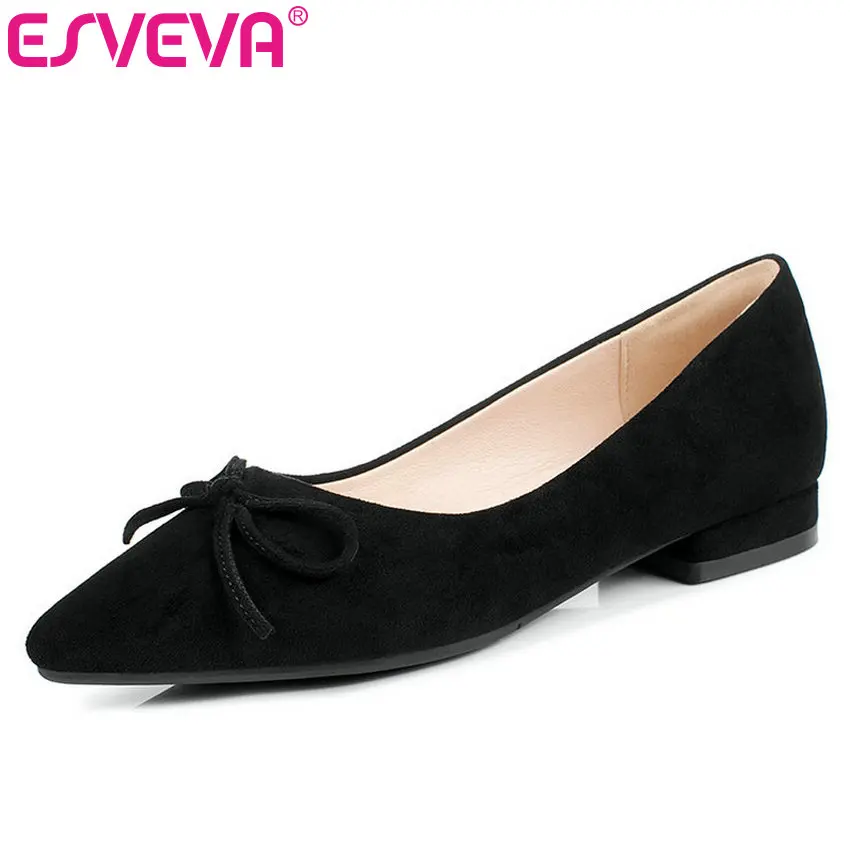 

ESVEVA 2019 Woman Flats Square Low Heel Flock Pointed Toe Butterfly-Knot Casual Shallow Single Shoes Spring Size 34-43