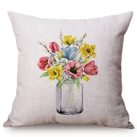 Colorful Nordic Floral Vase Glass Jar Home Sofa Small Fresh Decorative Cushion Cover Chic Purple Flower Cotton Linen Pillow Case M109-1