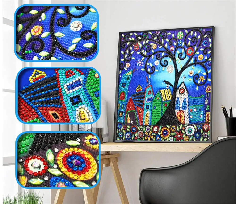 

Sashiko Special Diamond Painting Tree and house DIY 5D Part Drill Cross Stitch Crystal Art Home Decoating painting