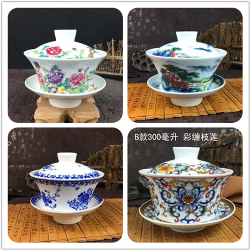 

High Capacity Chinese Hand Painted Teaset Elegant Gaiwan 300ml Ceramic Tea Tureen Lid Bowl Saucer Glaze Kung Fu Tea Cup