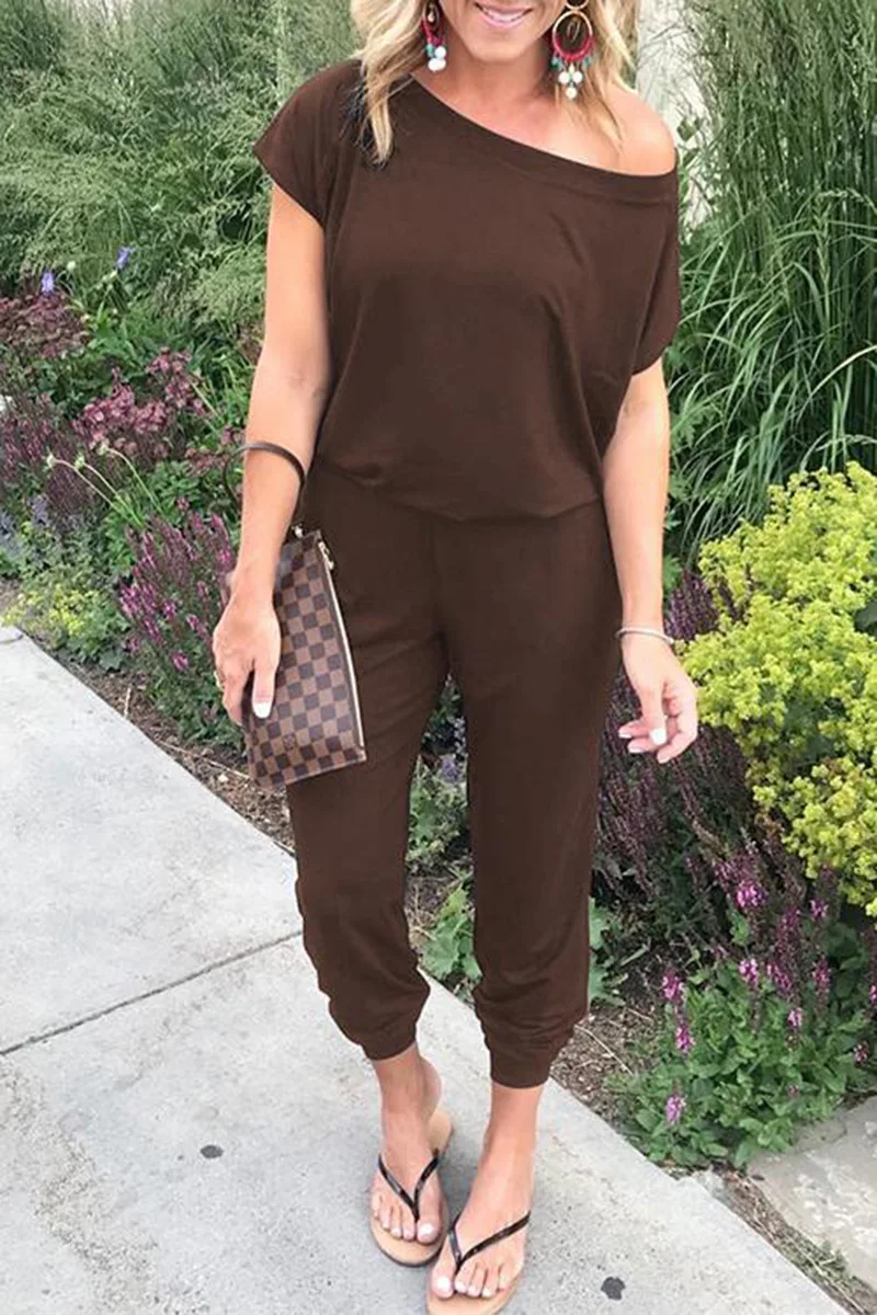 2019 Spring And Summer Fashion Women New Solid Bodysuits Women Slant Shoulder Casual Pocket Jumpsuit