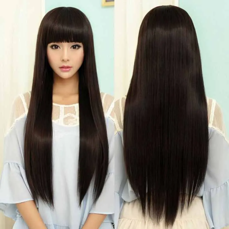

Cheap long straight with bangs female wigs for black women synthetic hair cosplay women wig heat reasistant Hair jenner black