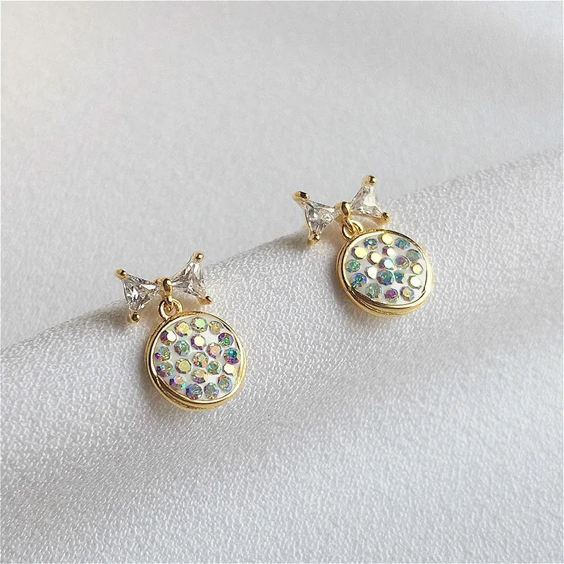 

Fengxiaoling High Quality 925 Sterling Silver Multiple Zircon Round Bow Drop Earrings For Women Golden Earrings Fine Jewelry