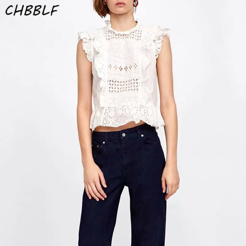 CHBBLF Женская милая блузка с гофрированным воротником, белая блузка с вышивкой, открытая