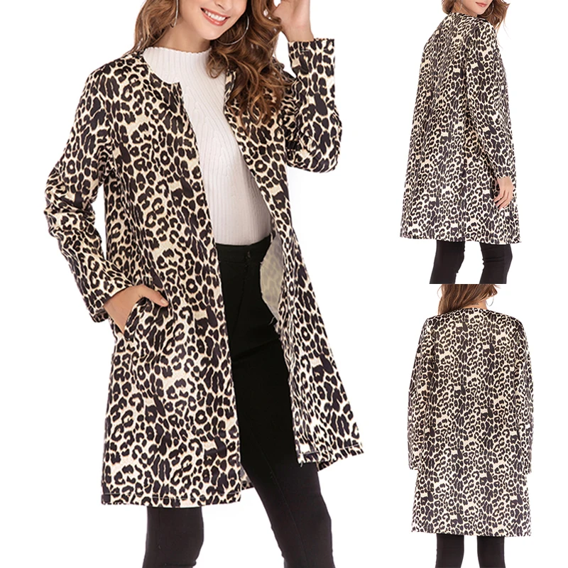 

Fashion Women Leopard Winter Warm Wind Coat Cardigan Long Jacket Overcoat Tops