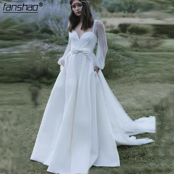 

Simple Muslim Wedding Dresses Lantern Sleeves Jacket Pocket Boho Vestido De Noiva Elegant Dubai Arabic Wedding Gown Bridal