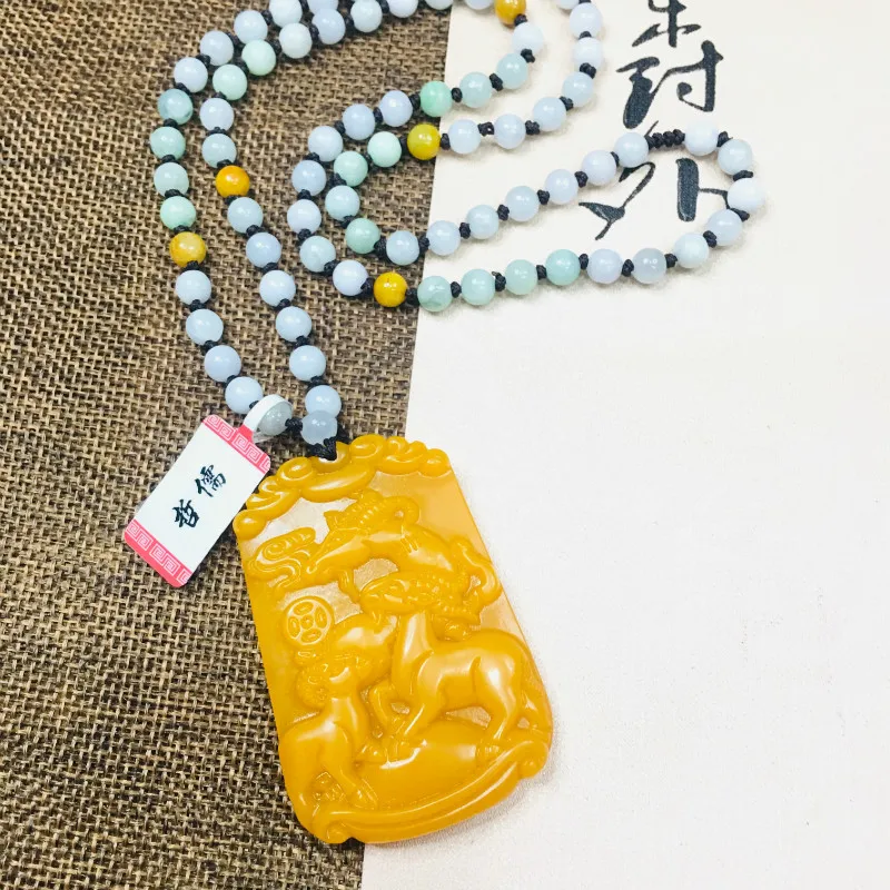 

Zheru Jewelry Pure Natural Topaz Carved Sanyang Kaitai Pendant Three-color jadeite jade necklace Send A-level certificate