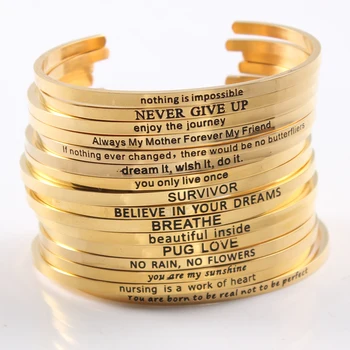 

10pcs Mix Random Gold Color Stainless Steel Bar Engraved Positive Inspirational Quote Cuff Mantra Bracelet Bangle for Women Gift