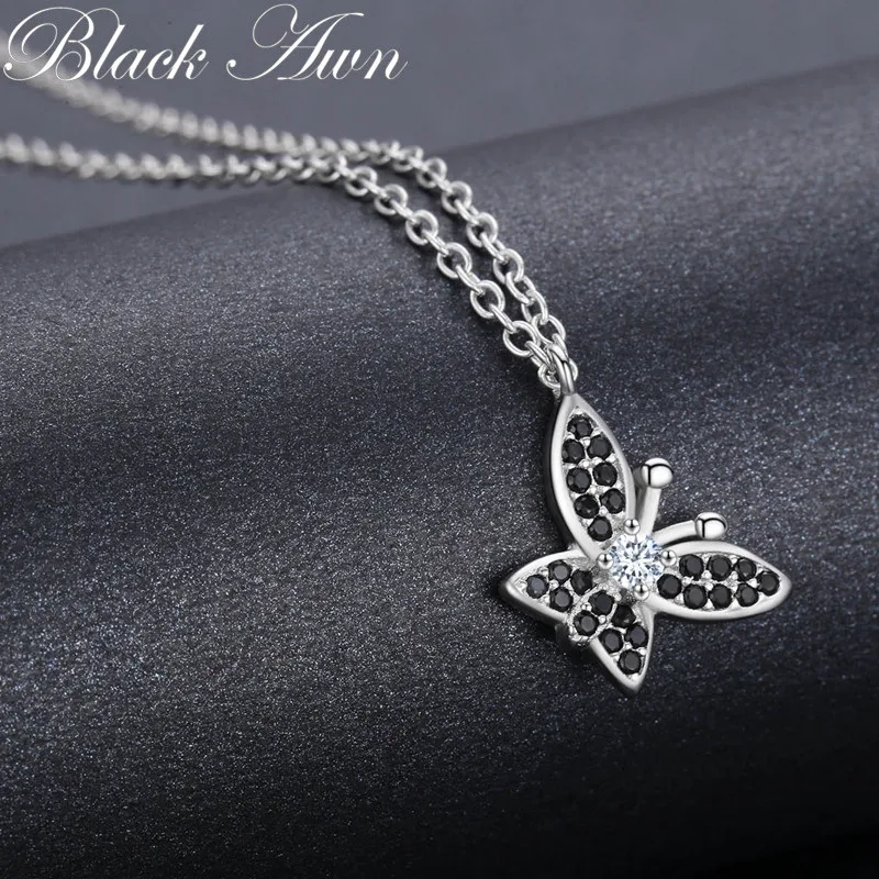 [BLACK AWN] Silver Color Necklace for Women Butterfly Black Spinel Slide Anima Necklaces Pendants P189