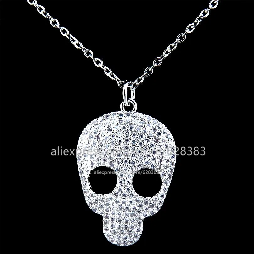 

GLOWCAT 21776 Punk CZ Skeleton Skull Necklace Copper Full Cubic Zirconia Pendant Necklaces Unisex Men Kids Party Jewelry