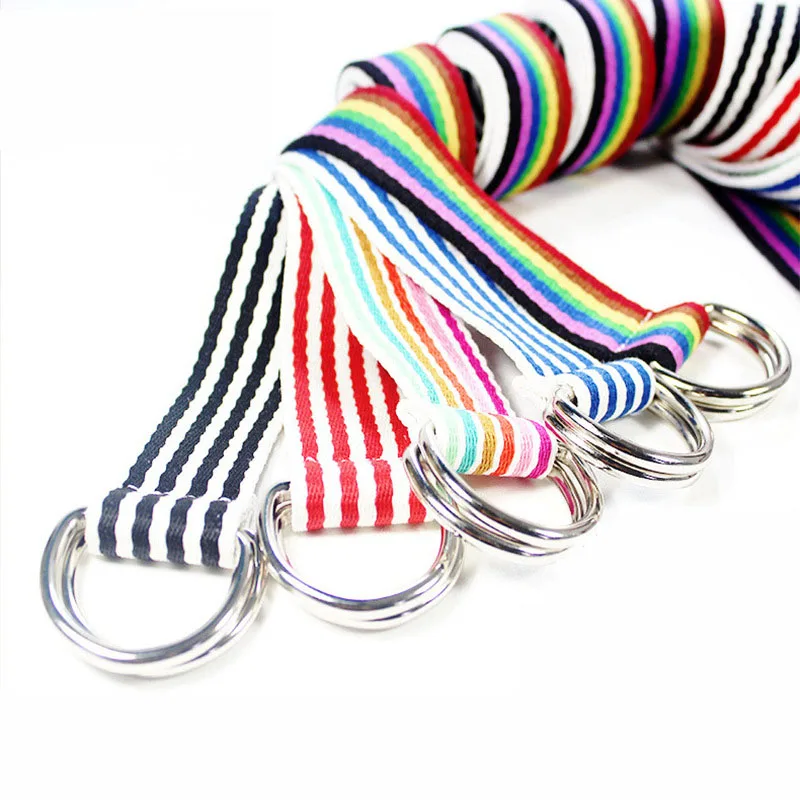 

Unisex Double D Ring Canvas Belt Harajuku Rainbow Stripes Letter Printed Fashion Strap Long Jeans Belts For Women Men 130cm
