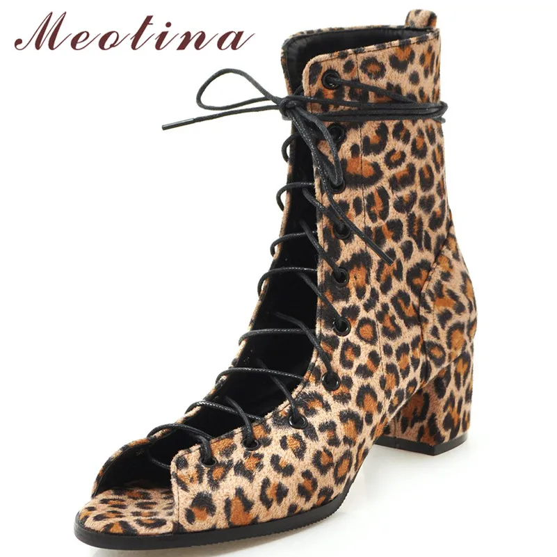 

Meotina Women Shoes Summer Ankle Boots Leopard Cutout Block Heel Short Boots Lace Up Peep Toe Shoes Ladies Autumn Big Size 34-43