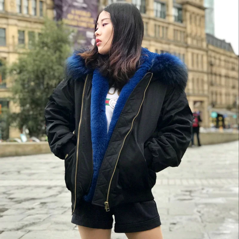 

CX-G-P-19H New Real Raccoon Fur Collar Women Fashion Bomber Jacket with Faux Fur Lining