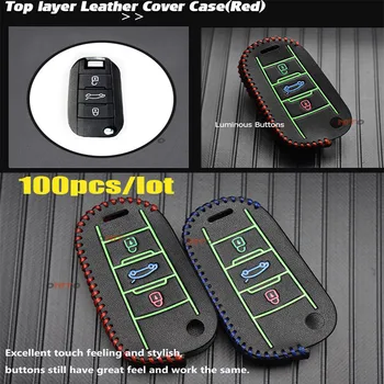 

Wholesale 100pcs For peugeot 207/301/308/309/408/508/807/2008/3008/4007 Luminous Leather Auto Key Case Bag Car Key Fob Cover