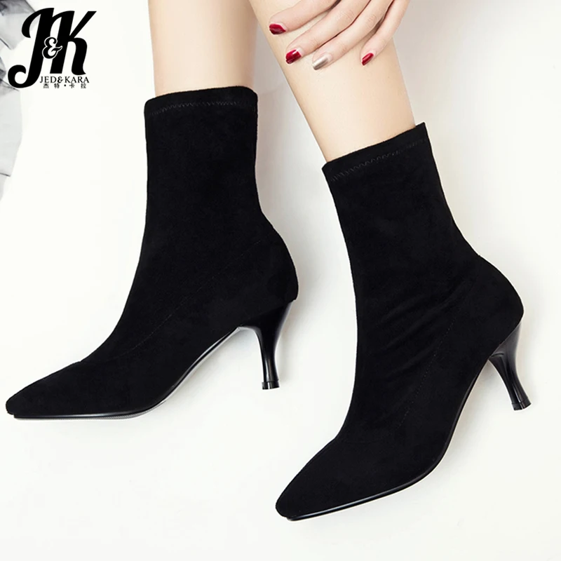 

JK Flock Sock Boots Women Ankle Boot Ladies Pointed Toe Party Shoes Female High Heels Thin Shoes Winter 2019 New Plus Size 43