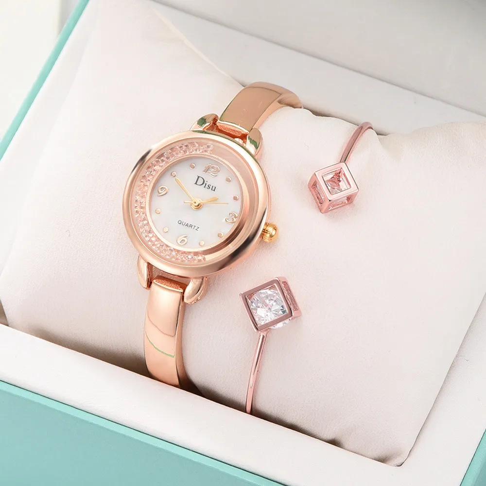 

DISU Quicksand Rhinestone Design Women Watch Light Luxury Girl Temperament Qaurtz Watch Bracelet Set Chain Watch Birthday Gift#A