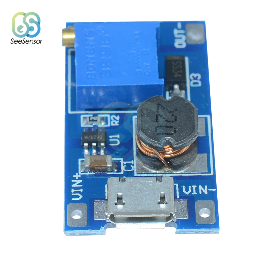 MT3608 2A DC-DC регулируемый Повышающий Модуль Boost доска с Micro USB 2 V-24 V 5V 9V 12V 28V