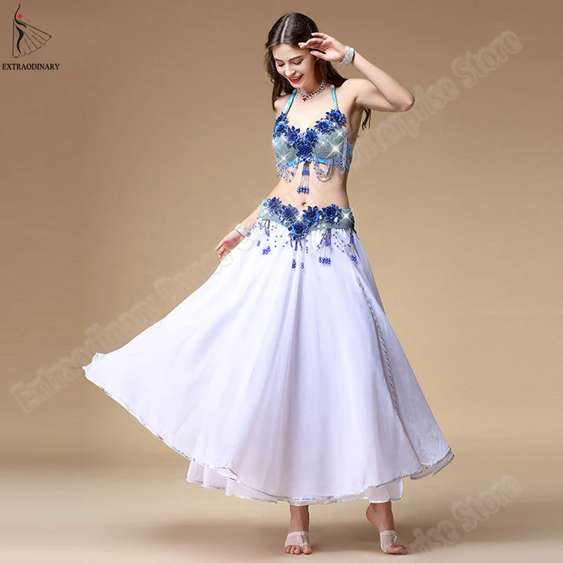 

New Women Sexy Belly Dance Costume Set Suit Carnival Flowers For Oriental Dance Bra Belt Skirt Beaded 3pcs Bollywood Clothes