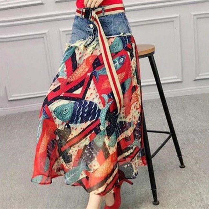 Новая модная юбка с поясом, летняя джинсовая шифоновая юбка с высокой талией