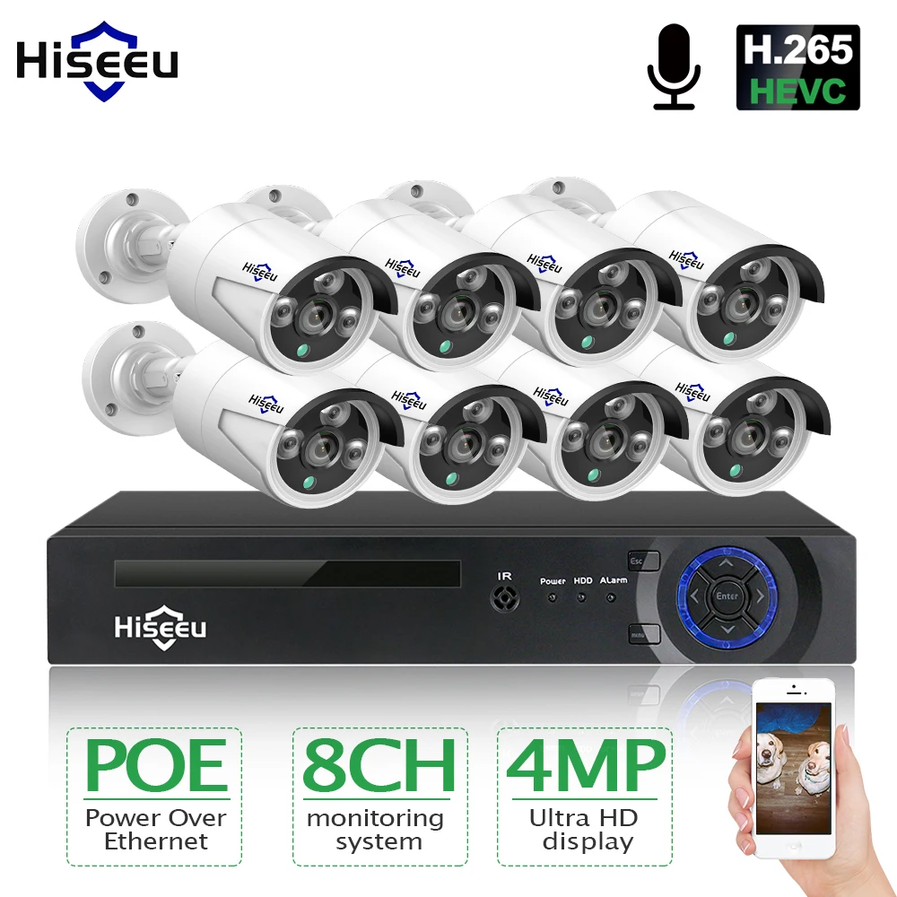 

Hiseeu H.265 8CH 4MP POE Security Camera System Kit Audio Record IP Camera IR Outdoor Waterproof CCTV Video Surveillance NVR Set