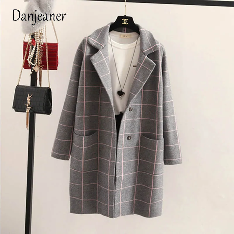 Danjeaner primavera otoño mujeres lana Trench coreano moda larga lana abrigo solo Breasted Delgado mujer Otoño Invierno lana abrigos - 2