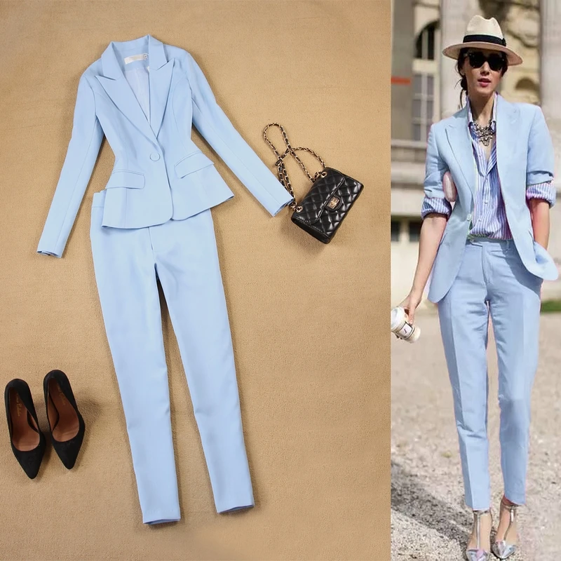 Custom Made Light Blue Women 2 Pieces Sets Womens Business Suits Pants