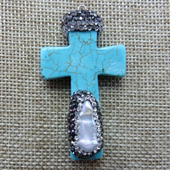 

HanKun Turquoises And Irregular Pearl Cross Pendants With Zircon