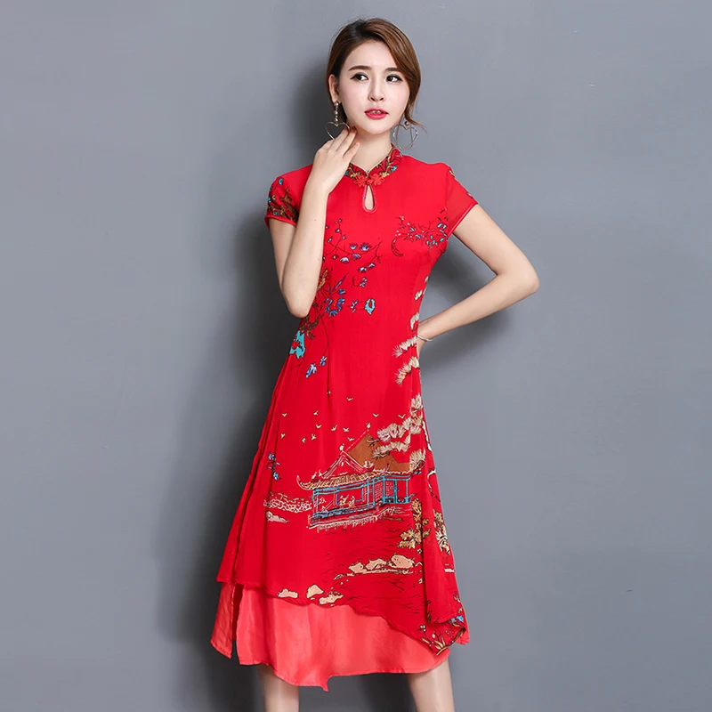 Sarikily китайский Стиль платье Qipao летние шорты рукавом Cheongsam Зеленый Красный