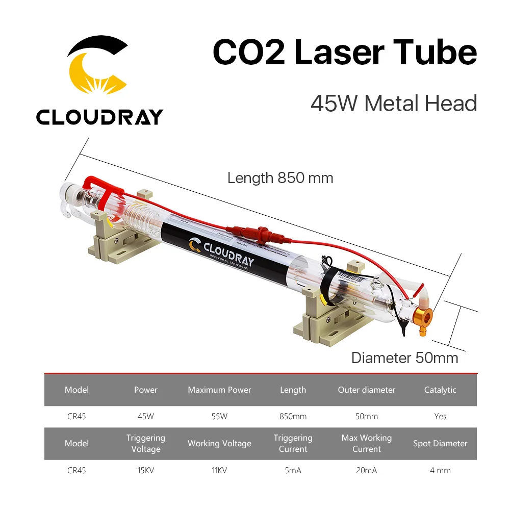 Cloudray Co2 лазерной трубки металлическая голова 800 мм 50 Вт Стекло трубы для CO2 лазерная гравировка Резка машины