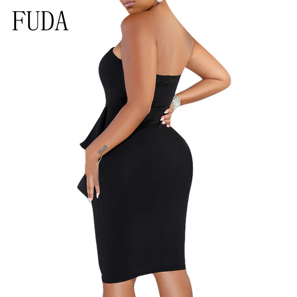 FUDA Elegant Off Shoulder Sleeveless Slim Dress Summer Street Style Package Hip Dress Strapless Ruffles Night Party Dresses