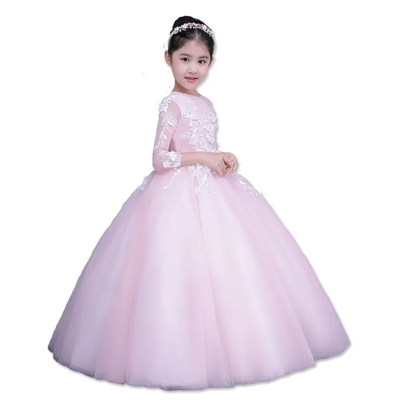 

Children Girls Wedding Dresses Pink Fairy Long Wedding Dress Three Quarter Sleeves Long-Sleeve Lace for Girls E8