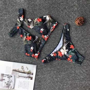 

New Summer Floral Print Bra Sets Cut Out Women Padded Halter Two Piece Bathing Suits Push Up Sexy Female Beach Wear 2019 Fashion